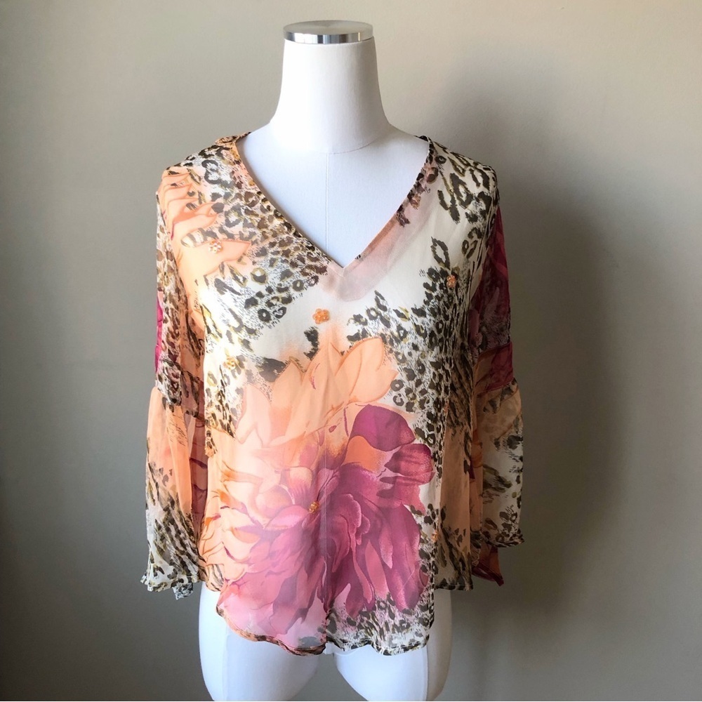 Vintage 80's Sheer Leopard Floral Print Silk Crepe Blouse S